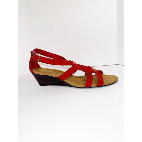 Ralph Lauren Demi Wedge Sandal Red Leather Strappy Gold Buckle Comfort 9.5 B - Picture 13 of 16